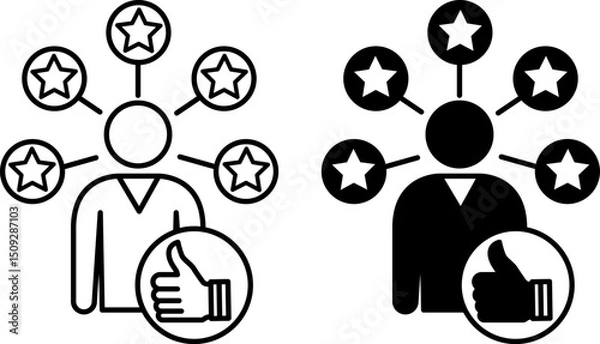 Fototapeta Expertise Icons. Black and White Vector Illustrations. Expertise, Special Knowledge, Professional Experience, and Skills. Man, Five Stars and Hand with Thumb Up. Influencer Concept