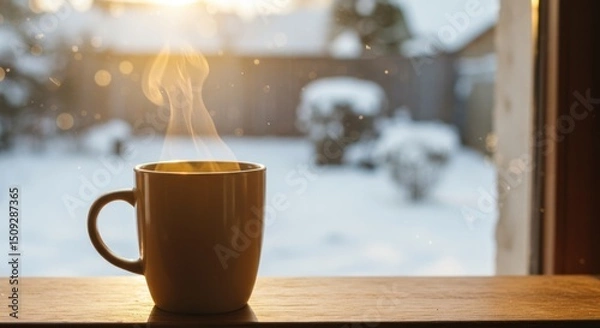 Obraz Steaming Coffee Mug on Windowsill in Winter, Peaceful Cozy Morning