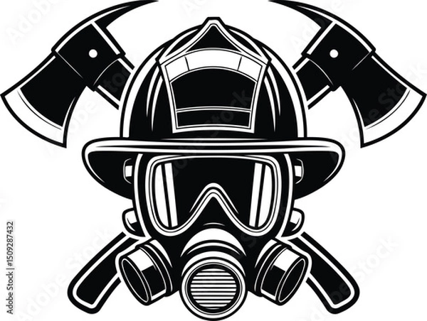 Obraz "Firefighter Helmet with Gas Mask and Crossed Axes Silhouette Vector"