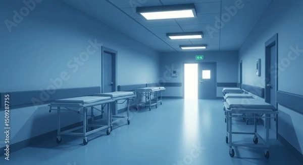 Obraz Sterile Hospital Hallway with Gurneys and Emergency Exit Door in Blue Tones