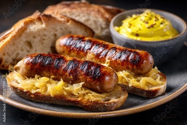 Fototapeta Bratwurst Sauerkraut Brot Senf Deutsches Essen Grillwurst Hausmannskost Rustikal Traditionell Wurstgericht Fleischgericht Deftig Mittagessen Abendessen Oktoberfest Spezialität Bayrisch Heimatküche