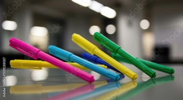 Obraz Colorful marker pens scattered on reflective surface in bright setting