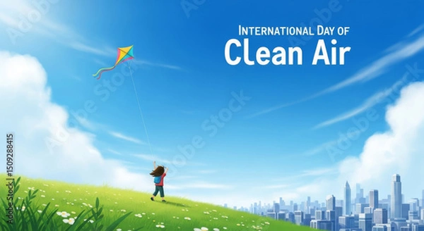 Obraz A Child's Kite Soaring High Above a Clean City - A young child flies a kite in a vibrant meadow overlooking a clean city skyline, symbolizing hope, environmental protection, a bright future