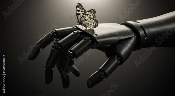 Obraz The symbiosis between technology and nature depicted by a robotic arm and butterfly