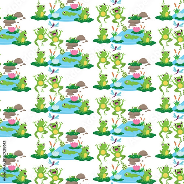 Fototapeta Playful Frogs by the  Lily Pond Seamless Pattern