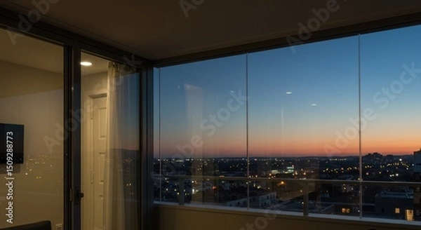 Obraz Urban twilight serenity view through modern glass balcony windows framing city lights