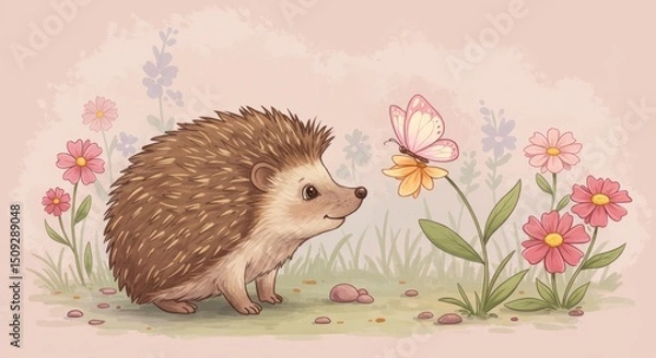 Obraz Adorable hedgehog with butterfly on a flower, a whimsical watercolor painting