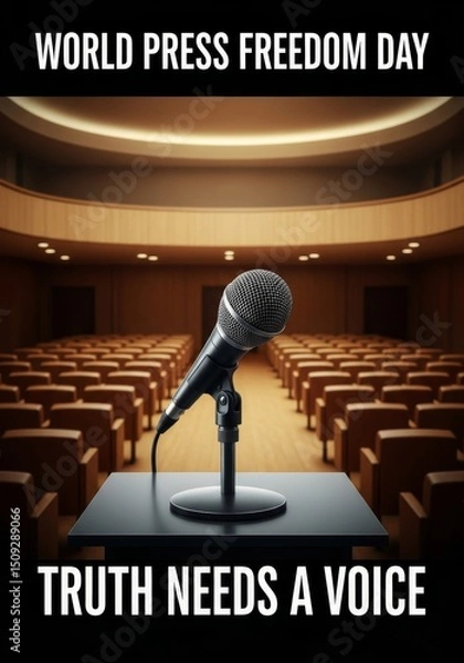 Obraz A Single Voice, A Powerful Truth - Courage, truth, freedom, speech, silence. A microphone on a podium in an empty hall symbolizes the importance of speaking truth to power