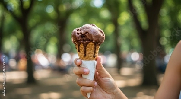 Obraz Enjoying Chocolate Ice Cream Cone On Summer Vacation With Blurred Background
