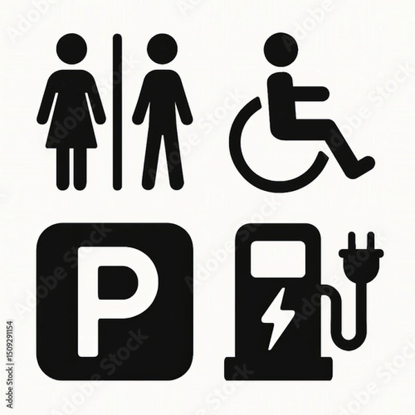 Fototapeta Restroom, Accessibility, Parking & EV Charging Facility Icon Set in Black and White Vector Style