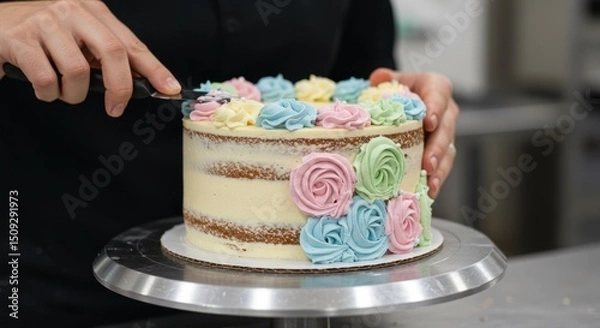 Obraz Elegant naked cake adorned with pastel buttercream roses is being crafted delicately