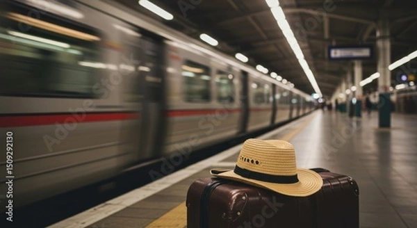 Obraz Waiting for departure train travel, hat and suitcase on platform station