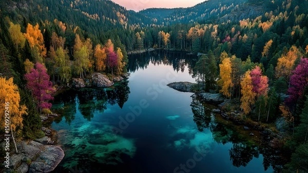 Fototapeta Vibrant autumn landscape with colorful trees surrounding a serene lake at sunset