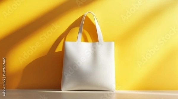 Fototapeta White tote bag on yellow background with sunlight shadows.