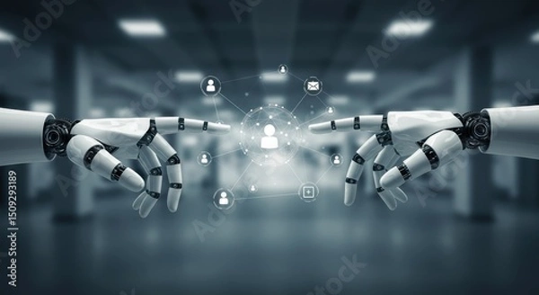 Obraz Robot hands extending fingers towards a network of social media icons