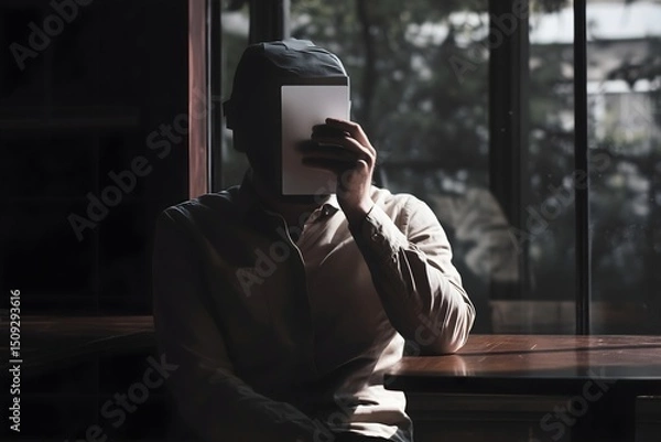 Obraz Anonymous man conceals his face with a blank white card, sitting in a dimly lit room. A powerful concept of hidden identity, digital privacy, and online anonymity