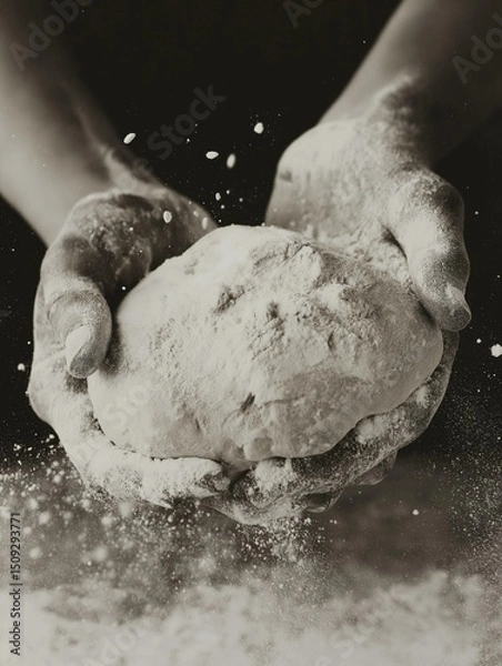 Fototapeta Black and white photograph of a pair of hands holding a ball of dough. the hands are covered in flour, and the dough appears to be freshly kneaded.