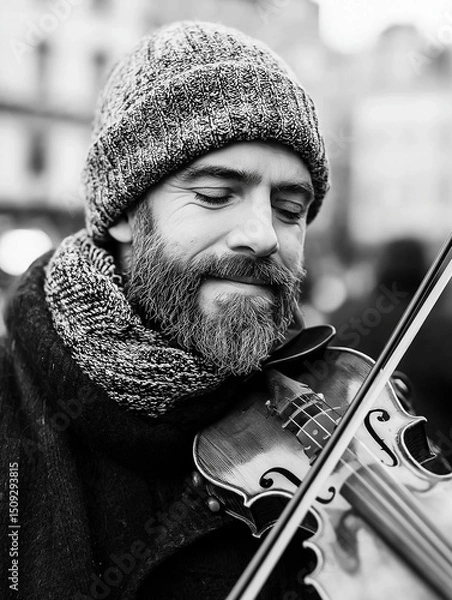 Fototapeta Black and white photograph of a man playing the violin. he is wearing a knitted beanie and a scarf around his neck.