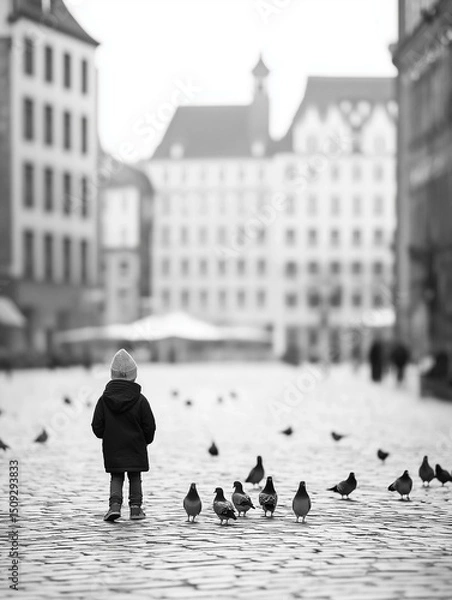 Fototapeta Black and white photograph of a child standing on a cobblestone street. the child is wearing a jacket, pants, and a beanie, and is facing away from the camera.