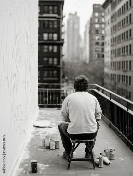 Fototapeta Black and white photograph of a man sitting on a stool on a rooftop. he is wearing a long-sleeved shirt and jeans and has curly hair.