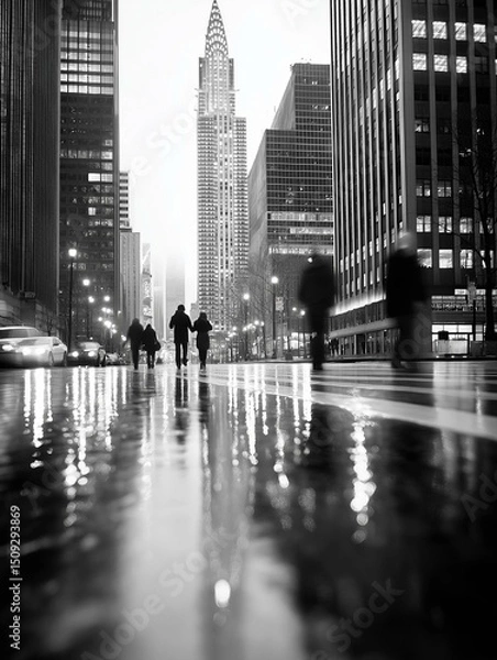 Fototapeta Black and white photograph of a city street in the rain. the street is wet and there are people walking on it. the buildings on either side of the street are tall and modern, with glass windows.