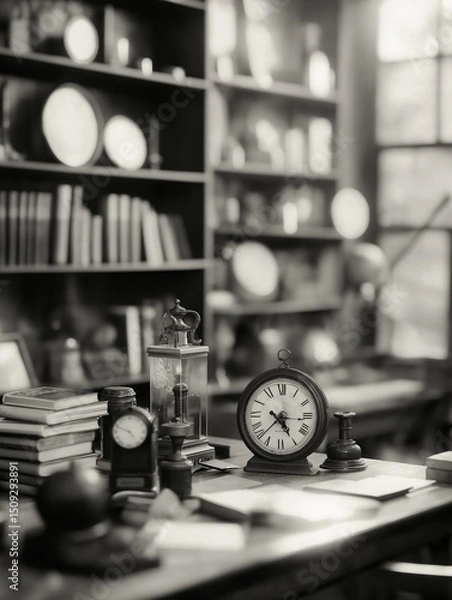 Fototapeta Black and white photograph of a desk in an office. the desk is cluttered with various items such as a clock, a lamp, a stack of books, and other office supplies.