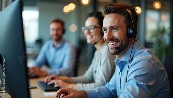Fototapeta Smiling call center team provides customer service with dedication and focus