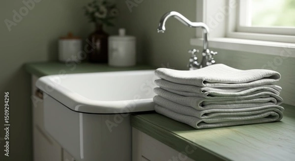 Obraz Inviting serenity in the bathroom with soft folded towels and vintage elements