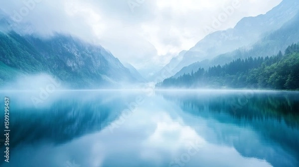Fototapeta A tranquil lake surrounded by mountains with a mist hovering over the water, creating a gentle, blurred effect that gives a dream-like ambiance. --ar 16:9 --v 6.1 Job ID: d8ba6d49-b8da-4487-aac0-629b2