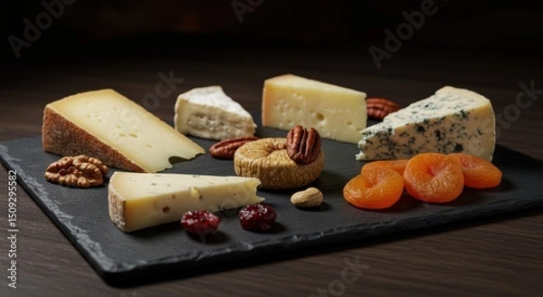 Obraz Artisanal cheese selection elegantly displayed on dark stone plate, gourmet treat
