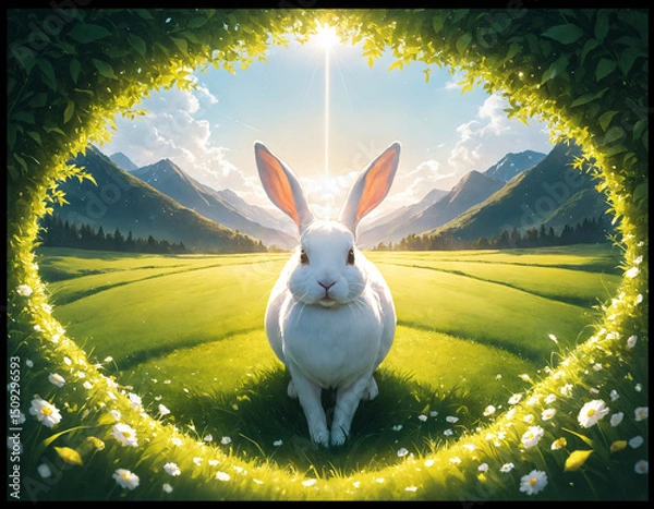 Fototapeta White rabbit in the green meadow.