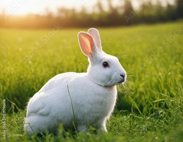 Fototapeta White rabbit in the green meadow.