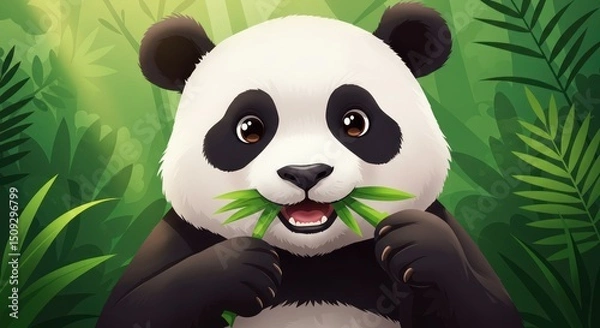 Obraz Charming Panda Illustration Enjoying Bamboo Leaves in a Lush Jungle Setting