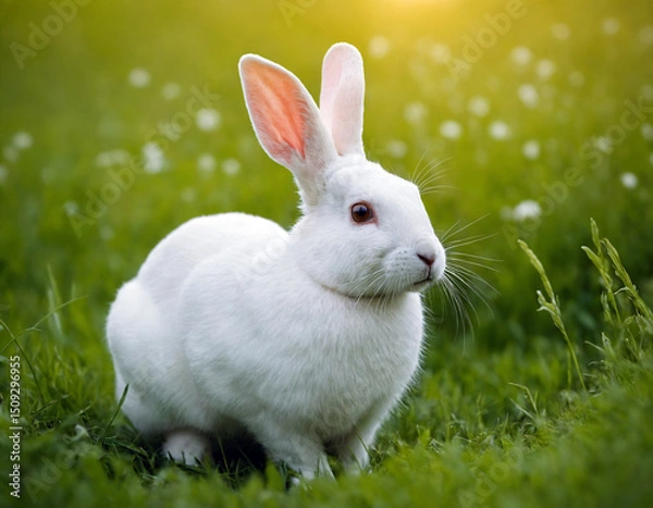 Fototapeta White rabbit in the green meadow.