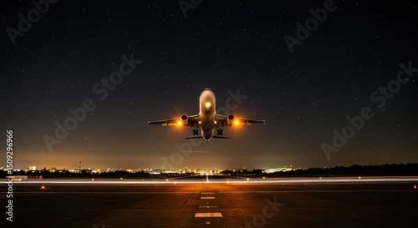 Obraz Night flight takeoff showcases airplane ascending into star studded sky