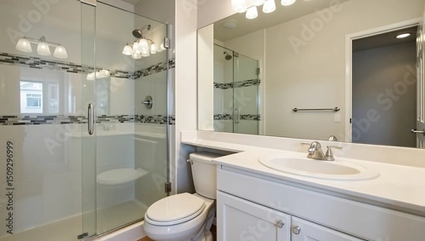 Fototapeta Modern and bright bathroom showcasing contemporary design elements and fixtures
