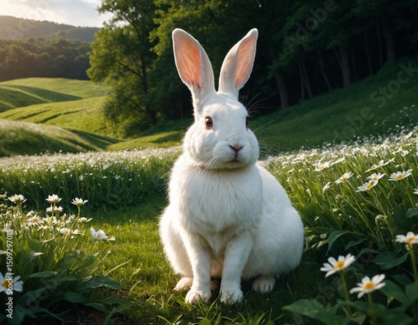 Fototapeta White rabbit in the green meadow.
