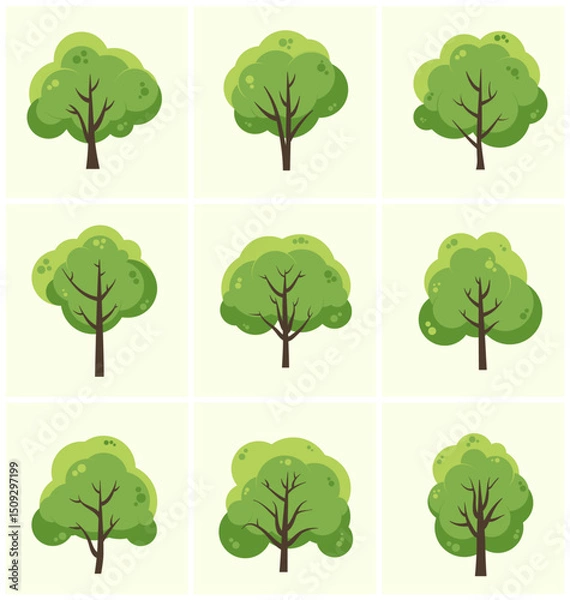 Obraz Set of Cartoon Tree Icons – Flat Green Tree Illustrations in Vector Style
