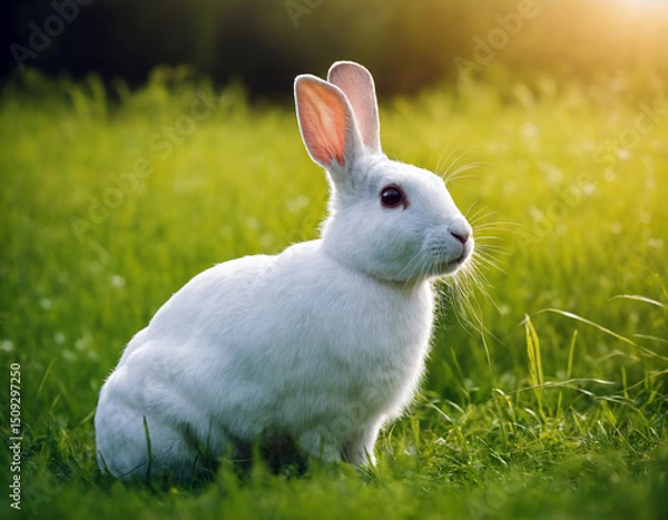 Fototapeta White rabbit in the green meadow.
