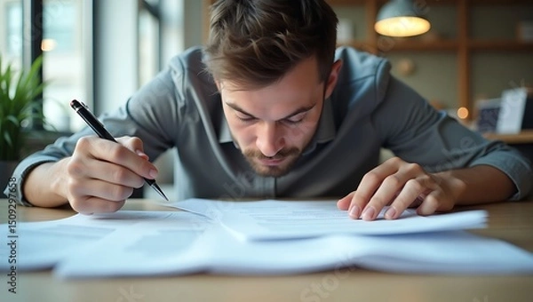 Fototapeta Focused Professional Engaged in Document Review and Contract Signing