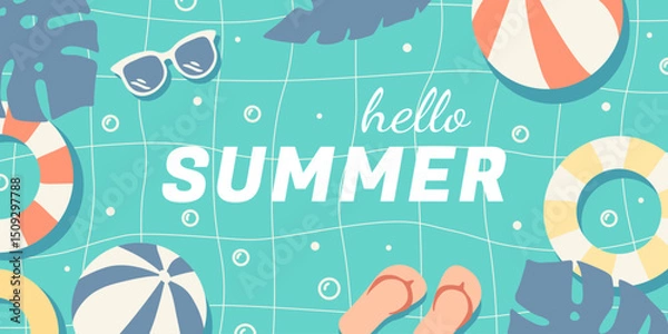 Obraz Summer banner with illustration of swimming pool top view with blue water, beach ball, swimming ring, sunglasses and beach slippers in flat style. Vector background for discount, promotion, sale.