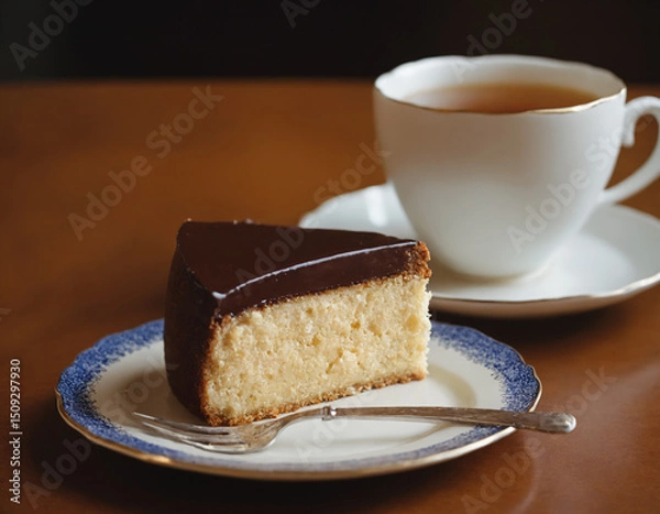 Fototapeta A piece of cake on a plate and a cup of tea.