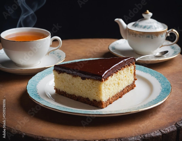 Fototapeta A piece of cake on a plate and a cup of tea.