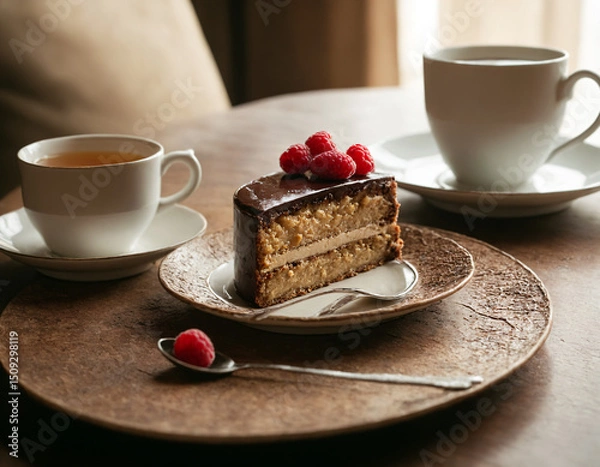 Fototapeta A piece of cake on a plate and a cup of tea.
