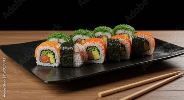 Obraz Aesthetic Sushi Rolls on Black Plate with Chopsticks Displaying Culinary Artistry