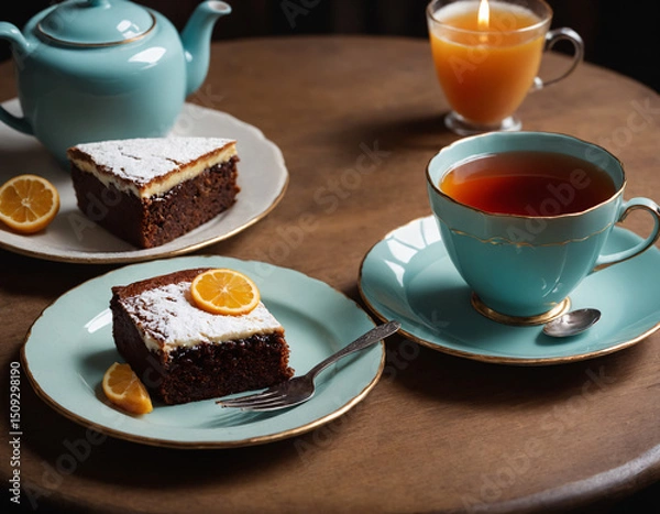 Fototapeta A piece of cake on a plate and a cup of tea.