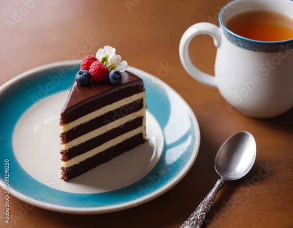 Fototapeta A piece of cake on a plate and a cup of tea.