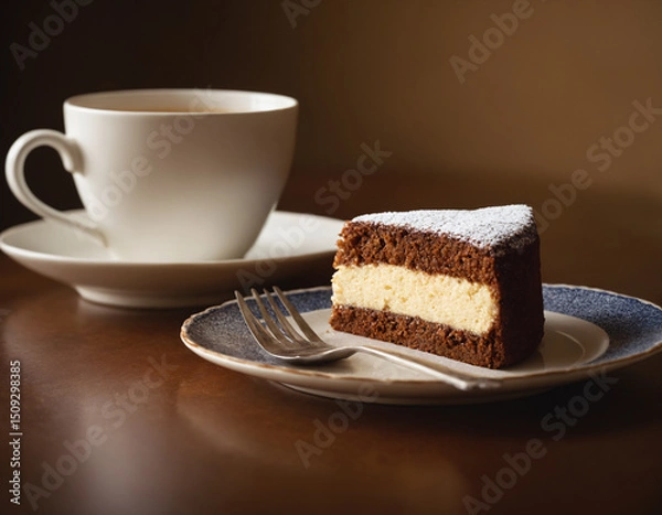 Fototapeta A piece of cake on a plate and a cup of tea.