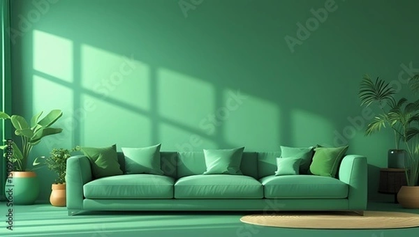 Fototapeta Monochromatic minimalist interior with green sofa and plant life in studio setting