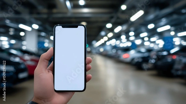 Fototapeta Close-up of a hand holding a smartphone with blank white screen in an underground parking lot with blurred cars in background.

